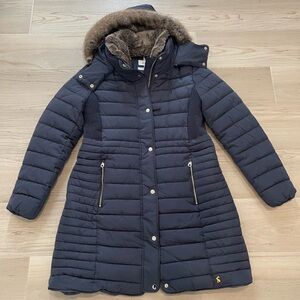 Joules Dark Blue Puffer Jacket with Faux Fur Hood